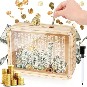 KN001 KKLUNO Cash Vault Wooden Box Coin Counter Piggy Bank