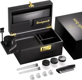 Uniepoch 445046577575 Large Black Bamboo Stash Box With Combo Lock And Tray Smell-proof Secure Storag