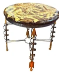Maitland Smith Iron And Brass Arrow Leg Motif Inlaid Tiger Collage Table. Fixed Price $1500.00.