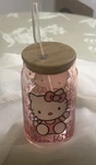 Hello Kitty Silver Buffalo Sanrio Pink Glass Tumbler 16 Ozs. Bamboo Lid H. 5.5 .. Fixed Price $12.60.