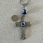 Evil Eye Blue Glass Beaded Silver Tone Scroll Cross Keychain Key Ring B48948. Fixed Price $7.10.