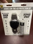 Guard Dog Security Door Lock & Pepper Spray Protection Set. Fixed Price $16.79.