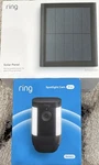 Ring Spotlight Cam Pro Battery With Solar Panel, Night Vision, Wi-fi, Black. Fixed Price $170.00.